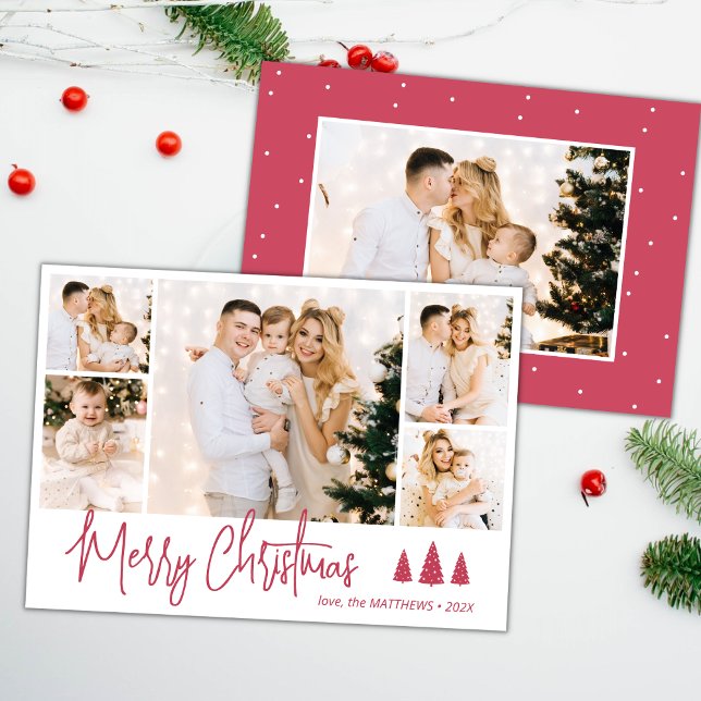 Budget Red Script 5 Photo Collage Christmas Card (Creator Uploaded)