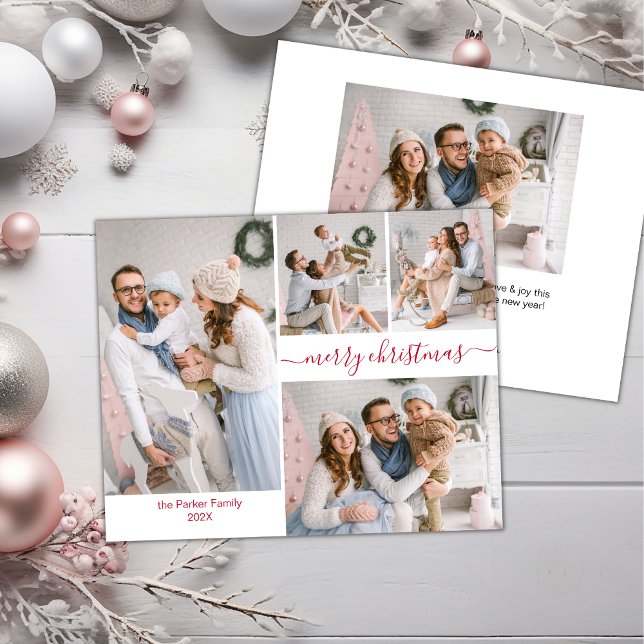Budget Red Script 5 Photo Collage Christmas Cards (Creator Uploaded)