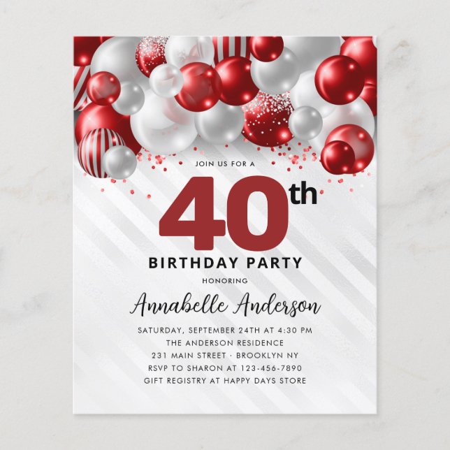 Budget Red Silver Balloon Glitter 40th Birthday (Front)