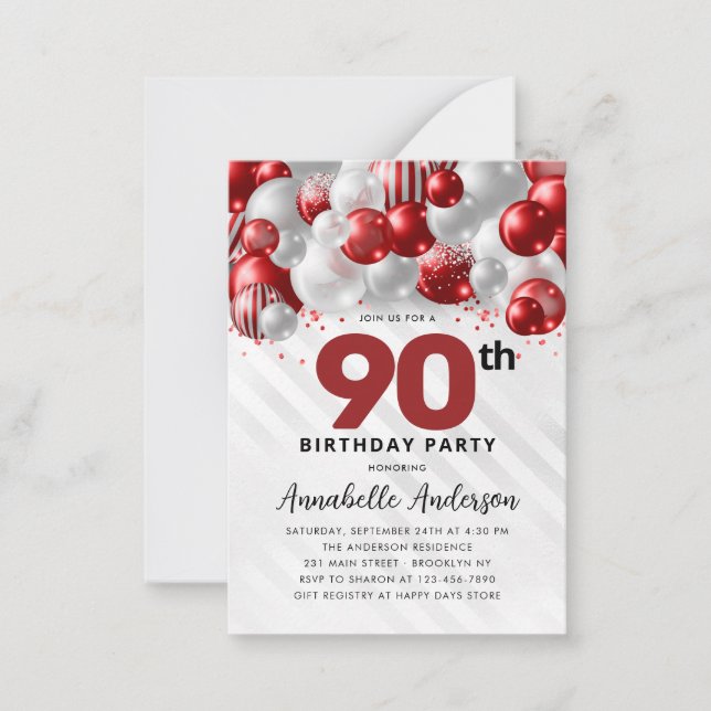 Budget Red Silver Balloon Glitter 90th Birthday Card (Front)