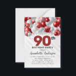 Budget Red Silver Balloon Glitter 90th Birthday Card<br><div class="desc">Modern Glam Burgundy Red Silver Balloon Glitter Sparkle Any Age Birthday Invitation</div>