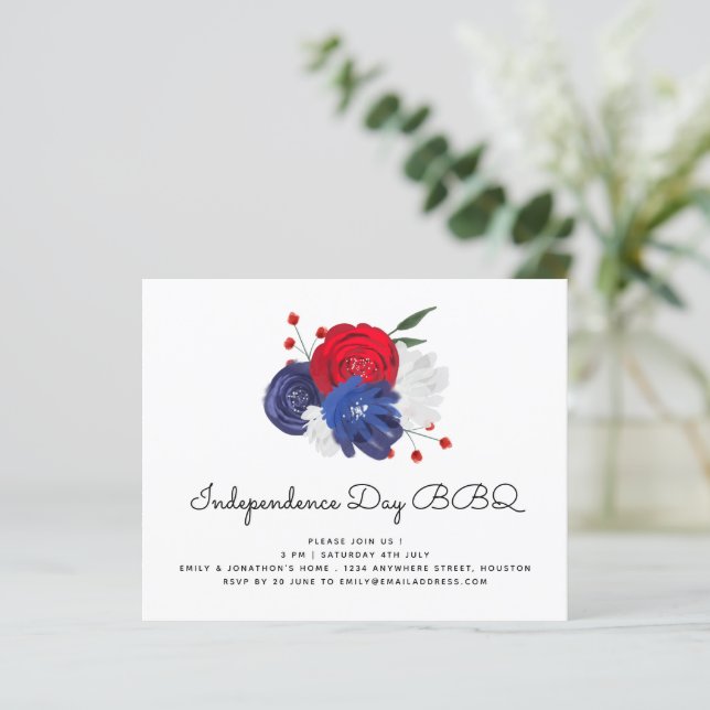 Budget Red White Blue Florals 4th July BBQ Invite (Standing Front)