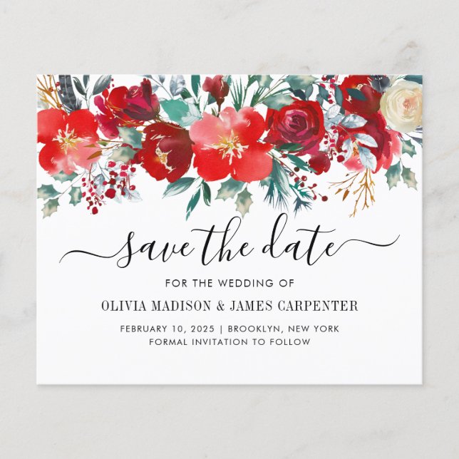 Budget Red Winter Botanical Floral Save the Date (Front)