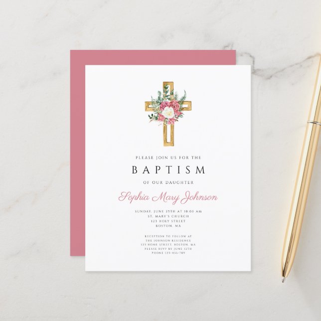 Budget Religious Cross Pink Floral Girl Baptism (Front/Back In Situ)