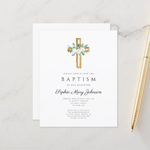 Budget Religious Cross White Floral Baptism Invite