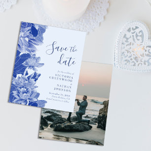 Budget Retro Blue Floral with Photo Save the Date