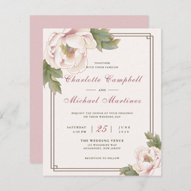 Budget Retro Blush Peony Floral Wedding Invitation (Front/Back)