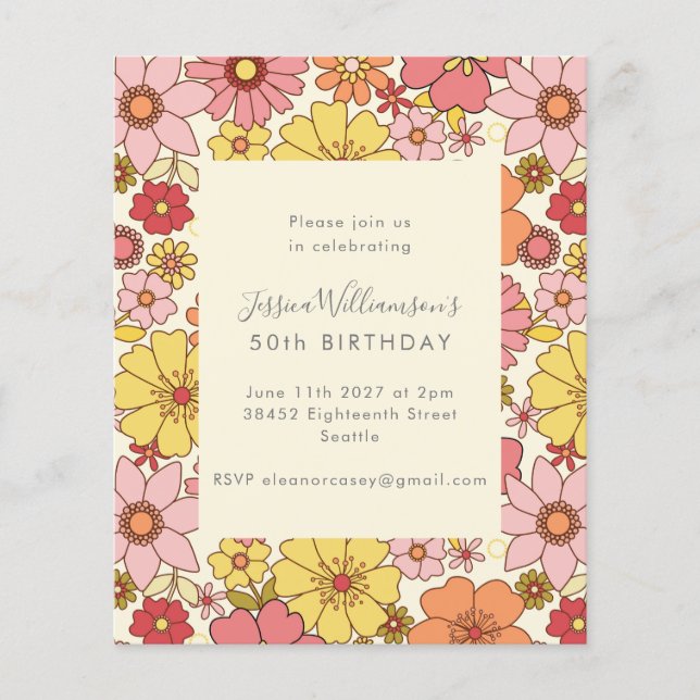 Budget Retro Boho Pink Floral Birthday Invitation (Front)