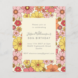 Budget Retro Boho Pink Floral Birthday Invitation