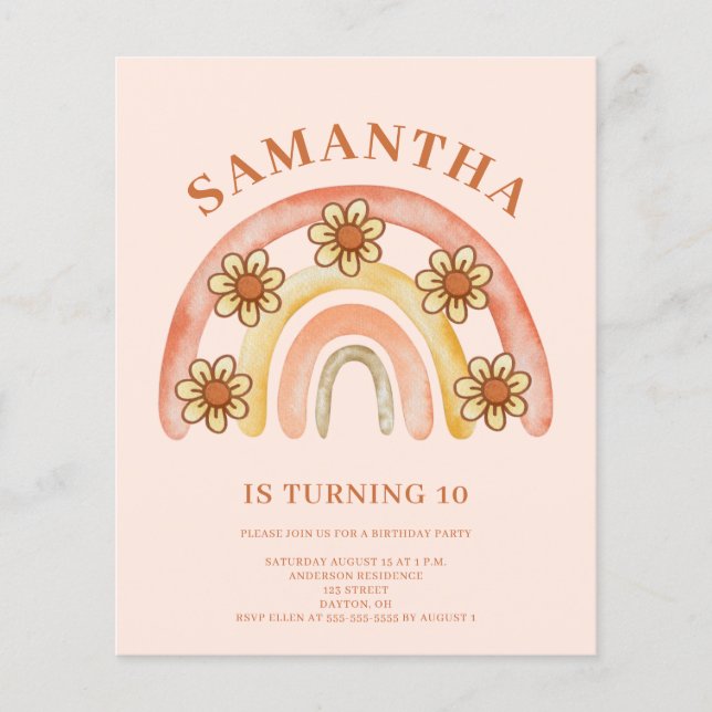 Budget Retro Boho Rainbow 10th Birthday Invitation Flyer (Front)