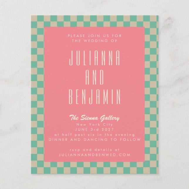 Budget Retro Chequerboard Mint Pink Wedding (Front)