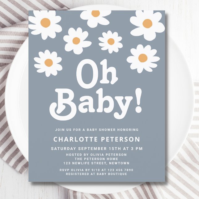 Budget Retro Daisy Blue Baby Shower Invitation  (Creator Uploaded)
