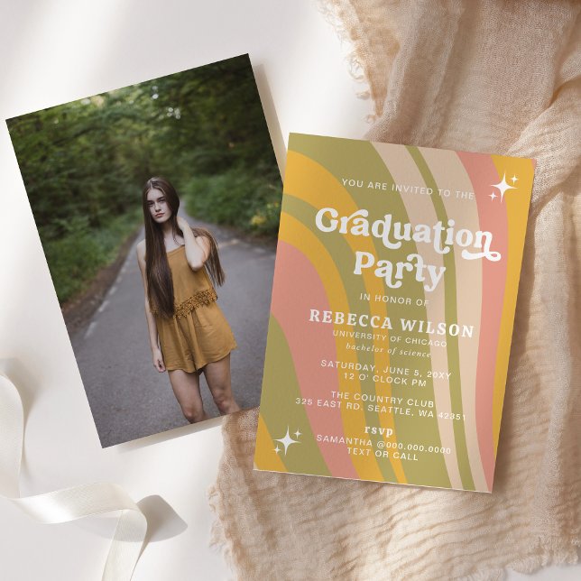 Budget Retro Groovy 70s Graduation Party Photo (Retro Groovy Pink Green 70s Graduation Party Photo Invitation)