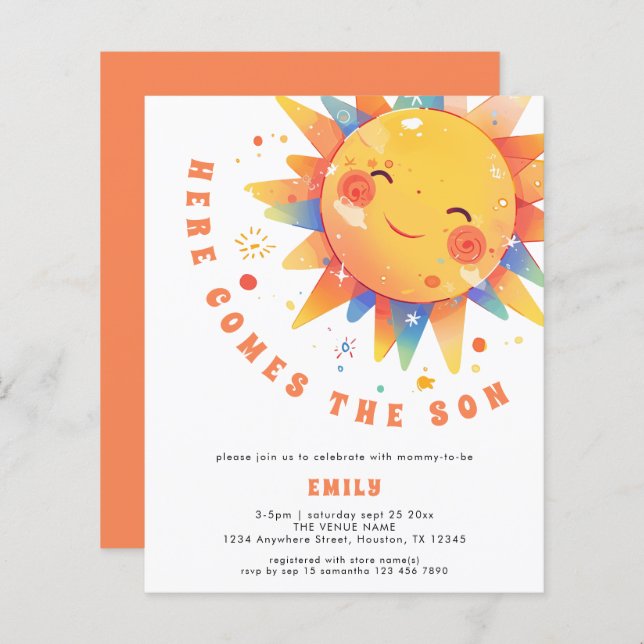 Budget Retro Here Comes The Son Baby Shower invite (Front/Back)
