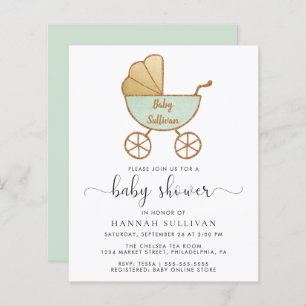 Budget Retro Mint Carriage Baby Shower Invite