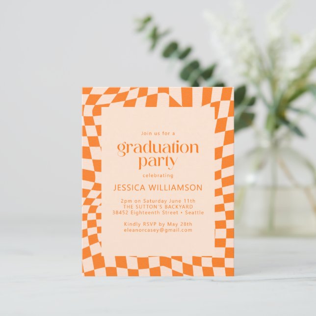 Budget Retro Orange Chequerboard Graduation Invite (Standing Front)