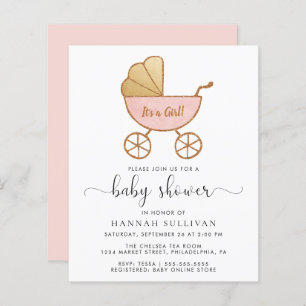 Budget Retro Pink Carriage Baby Girl Shower Invite