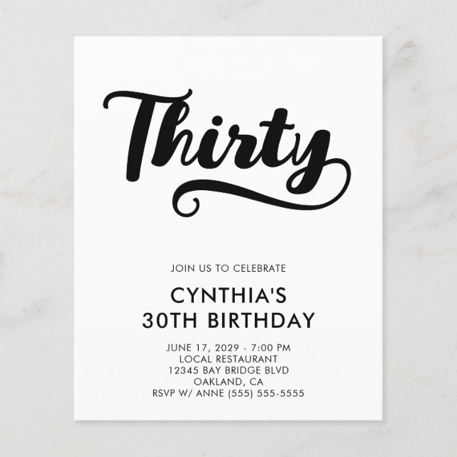 Budget Retro Swash Bold Script 30th Birthday Flyer (Front)