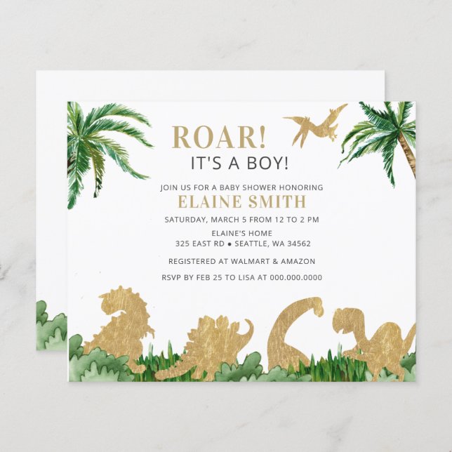 Budget Roar Dinosaur Baby Shower Invitation (Front/Back)