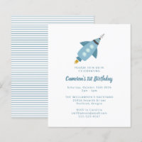 Budget Rocket Ship Blue 1st Birthday Invitation