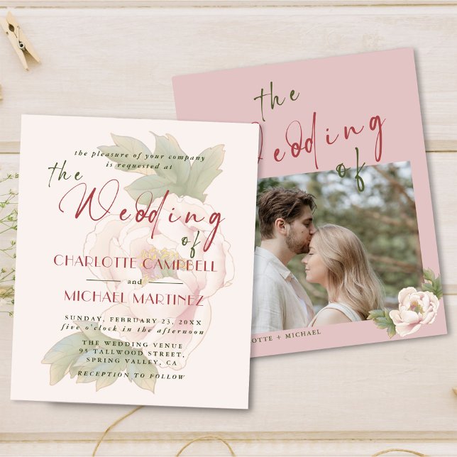 BUDGET Romantic Blush Floral Photo Wedding Invites (Creator Uploaded)
