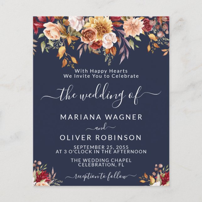 Budget Romantic Fall Floral Navy Blue Wedding (Front)