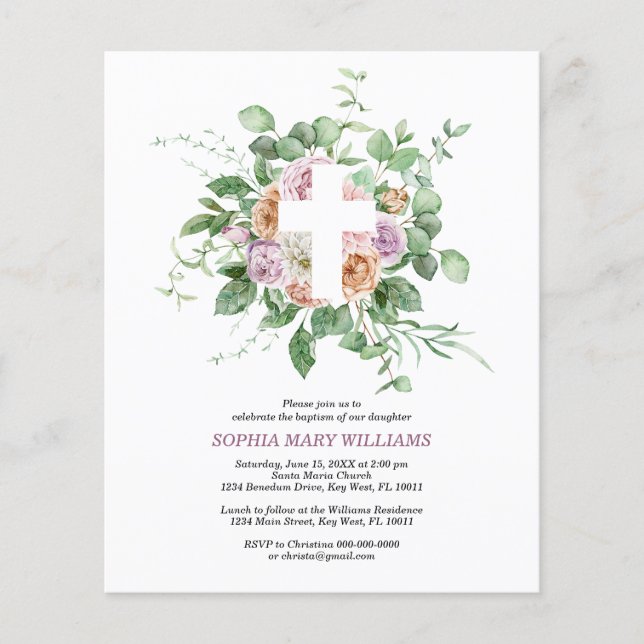 Budget Romantic Flowers & Cross Baptism Invitation (Front)