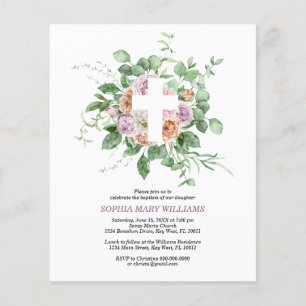 Budget Romantic Flowers & Cross Baptism Invitation