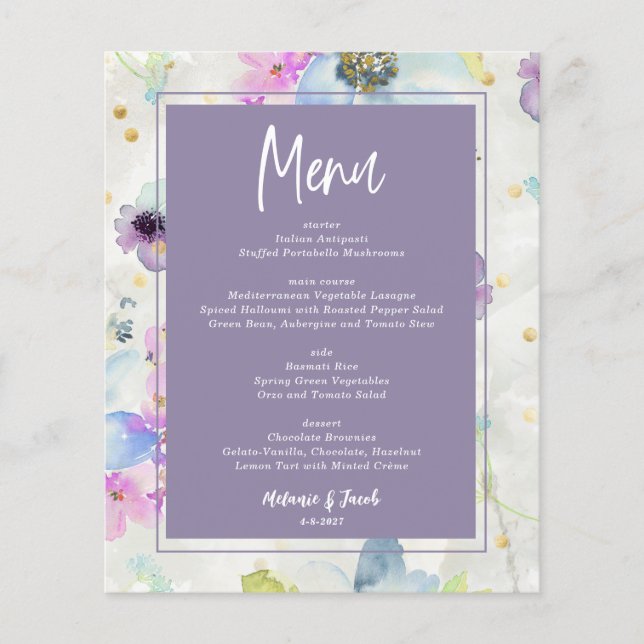 Budget Romantic Mauve Purple  Floral Menu (Front)
