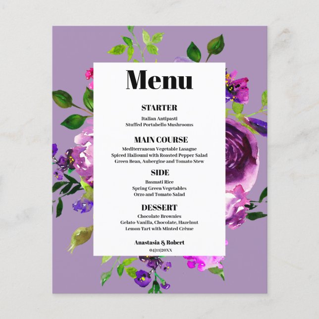 Budget Romantic Purple Floral Menu Card (Front)