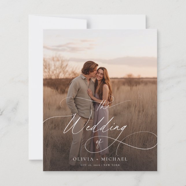 Budget Romantic Script Boho Wedding Photo Invites (Front)