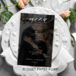 Budget romantic script photo black wedding menu<br><div class="desc">Simple white trendy minimalist black calligraphy script custom photo dark overlay and text template cheap BUDGET wedding menu paper flyer. PLEASE READ THIS BEFORE PURCHASING! This is a cheap budget program printed on a PAPER FLYER (advertising type of paper). PLEASE NOTE that the background and script colours are editable. You...</div>