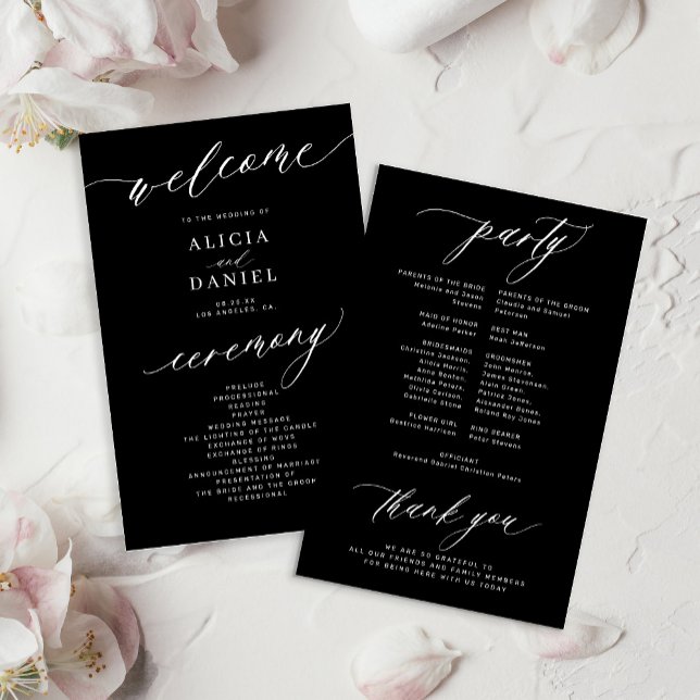 Budget romantic white and black wedding program (Creator Uploaded)