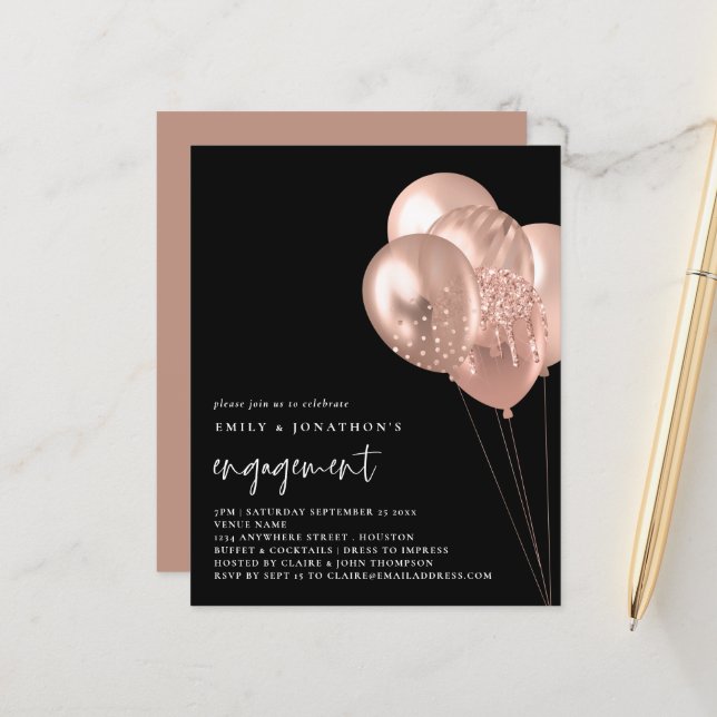 Budget Rose Balloons Black Engagement Invitation (Front/Back In Situ)