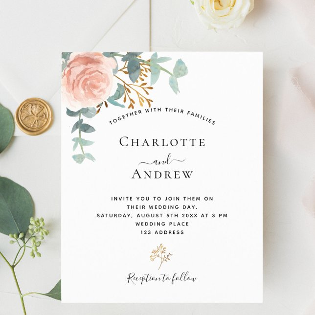 Budget rose eucalyptus blush wedding invitation (Creator Uploaded)