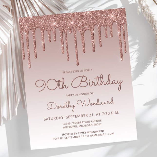 Budget Rose Gold 90th Birthday Party Invitation (Creator Uploaded)