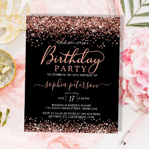 Budget Rose Gold Any Age Black Birthday Invitation