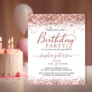 Budget Rose Gold Any Age White Birthday Invitation