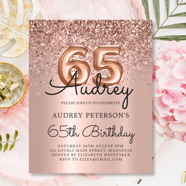 Budget Rose Gold Balloon 65th Birthday Invitation (Creator Uploaded)