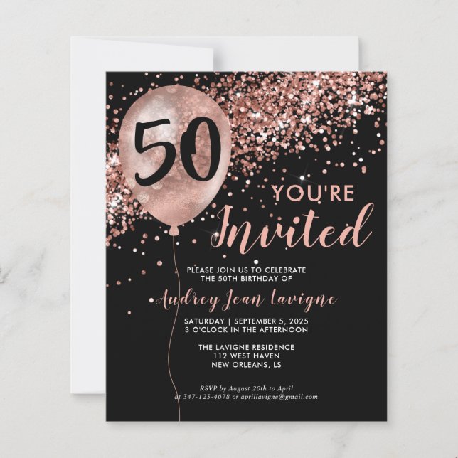 Budget Rose Gold Balloon Black 50th Birthday (Front)
