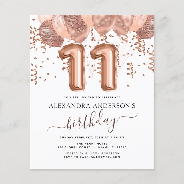 Budget Rose Gold Balloons 11th Birthday Party Flyer (Front)