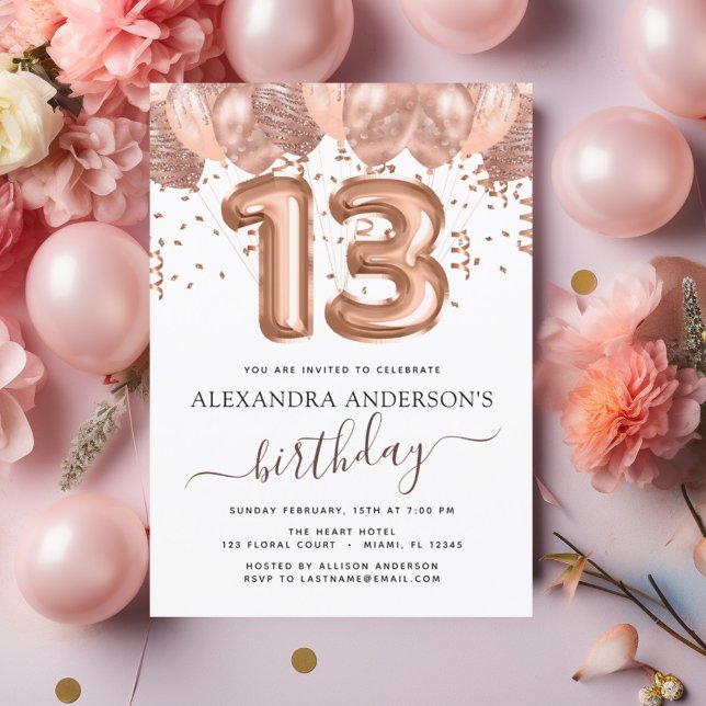 Budget Rose Gold Balloons 13th Birthday Party Flyer (Creator Uploaded)