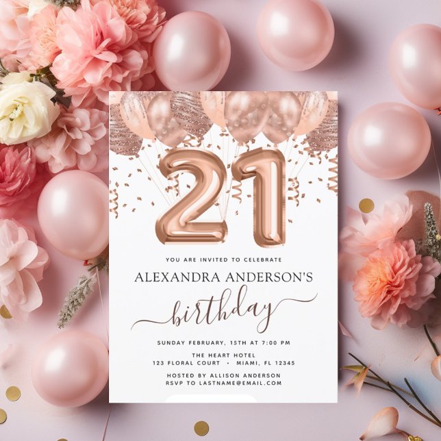 Budget Rose Gold Balloons 21st Birthday Invitation (Creator Uploaded)