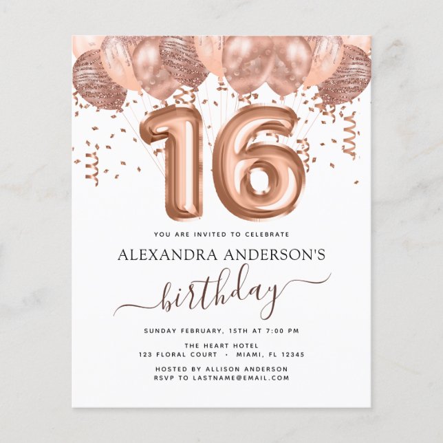 Budget Rose Gold Balloons Sweet 16 Birthday Flyer (Front)