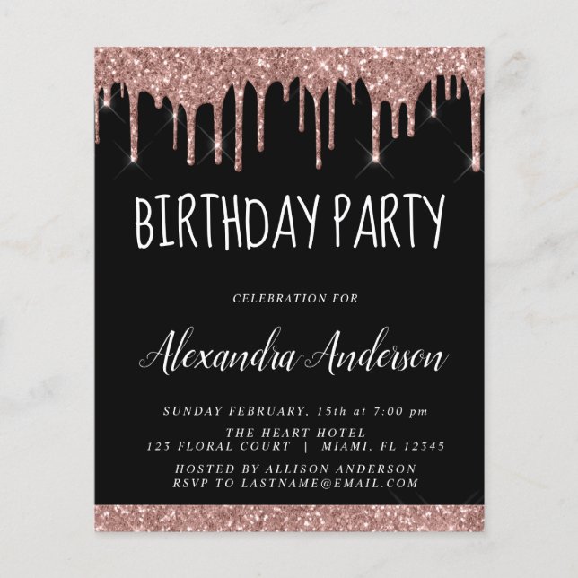 Budget Rose Gold Black Glitter Birthday (Front)
