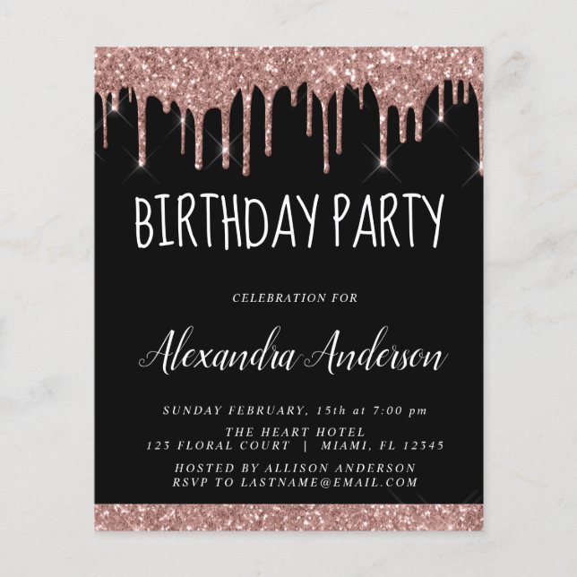 Budget Rose Gold Black Glitter Birthday Flyer (Front)