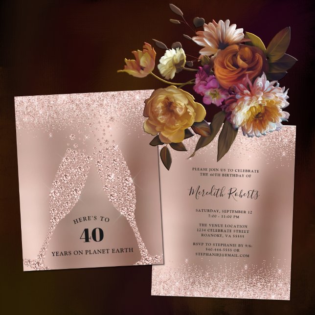Budget Rose Gold Champagne 40th Birthday Invite (Creator Uploaded)