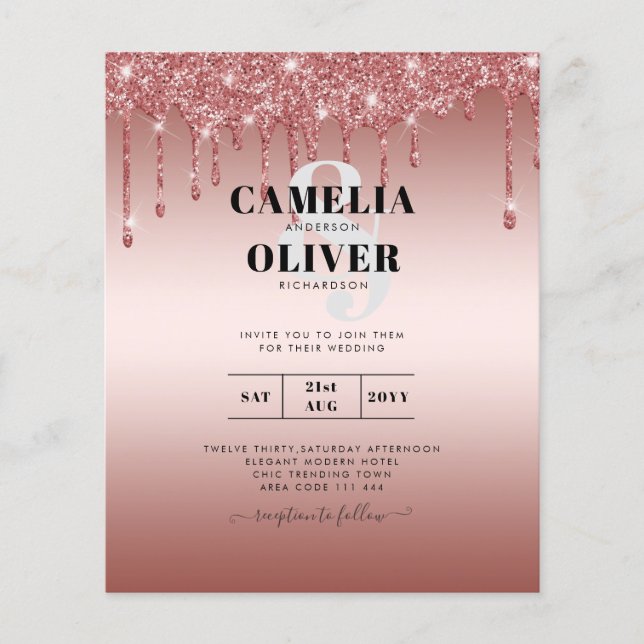 Budget Rose Gold Dripping Glitter WEDDING Invite Flyer (Front)
