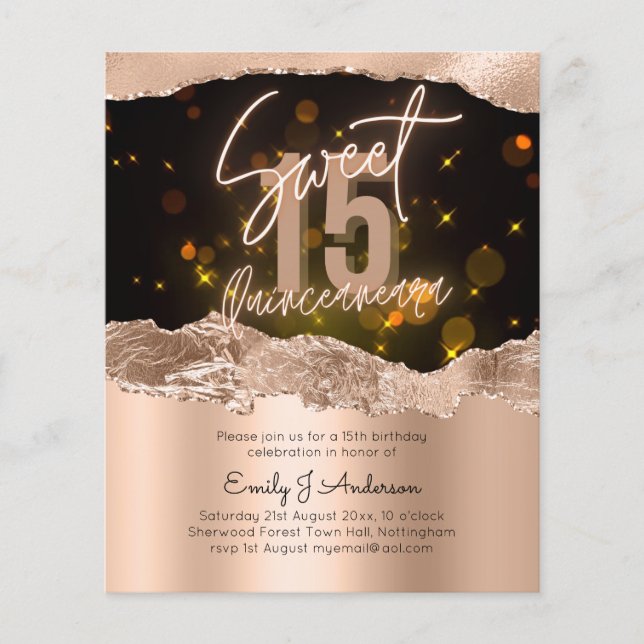 BUDGET Rose Gold Foil Glitter Quinceanera 15th Flyer (Front)