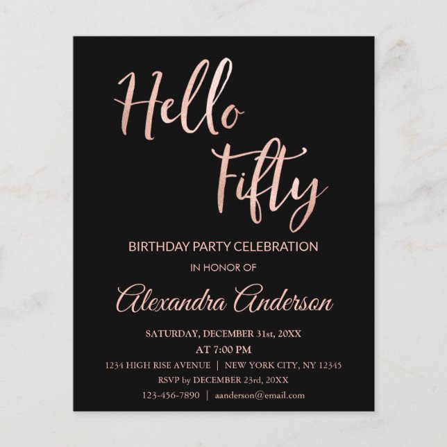 Budget Rose Gold Foil Hello 50 Fiftieth Birthday Flyer (Front)